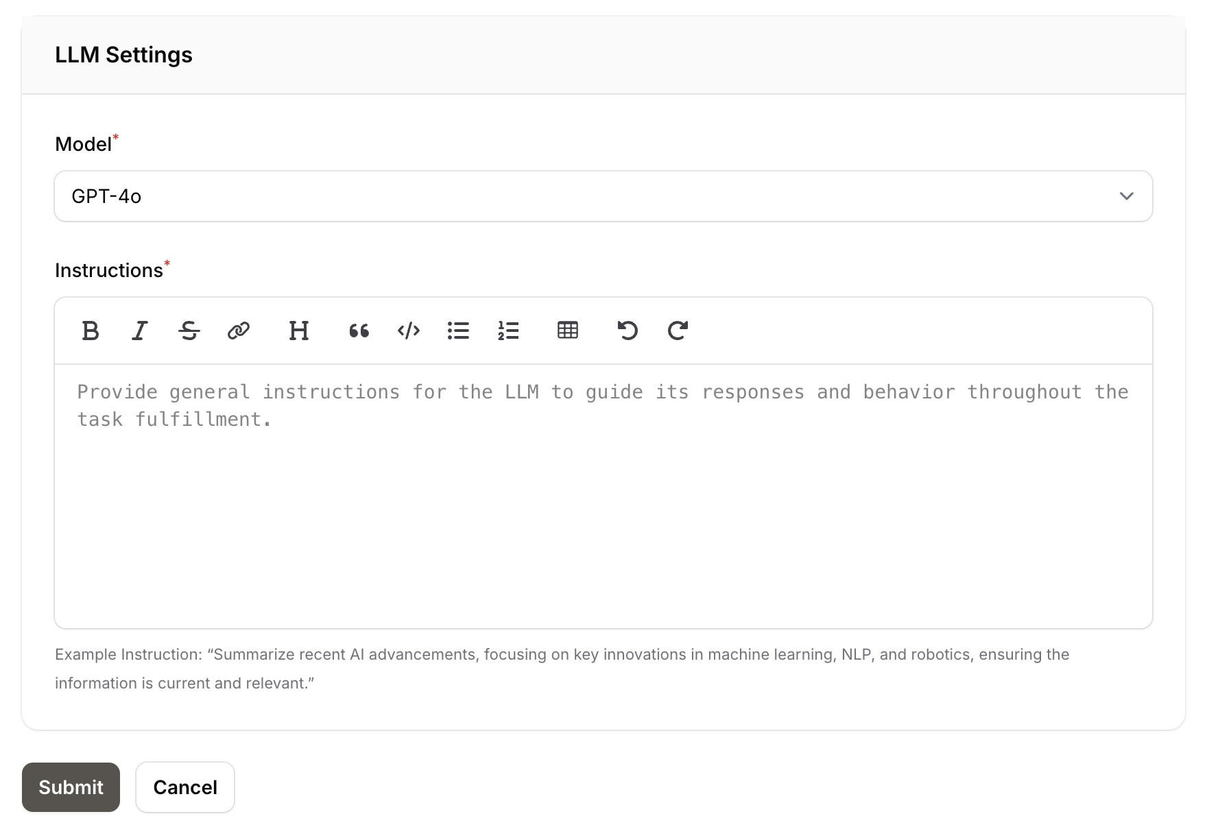 Tasks LLM Settings